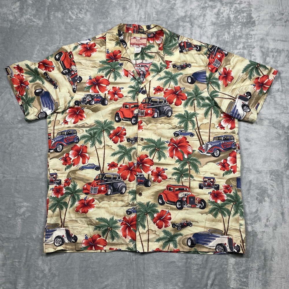 RJC Hot Rod Car Hawaiian Shirt Mens 2XL Tan Hibiscus Tropical Cotton Made in USA